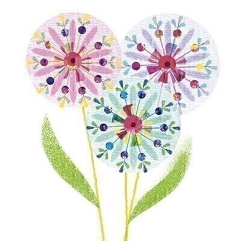 This blank greetings card from Paper Rose has three bright flower heads.  The bright design is blank inside to write your own message.  This is a lovely card to send for any occasion to anyone who loves flowers.
